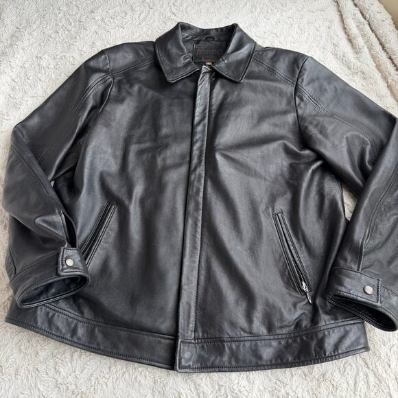 Vintage Y2K black leather bomber jacket coat oversized Merona moto genuine L - Picture 11 of 15